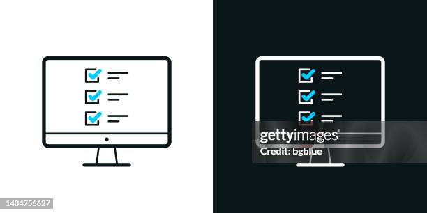 desktop computer with checklist. bicolor line icon on black or white background - editable stroke - checkbox stock illustrations