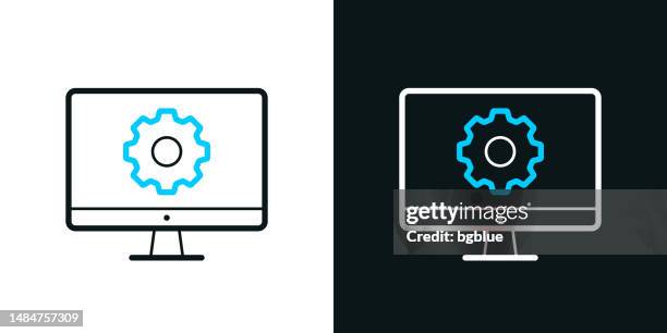 desktop computer settings - gears. bicolor line icon on black or white background - editable stroke - arranging stock illustrations