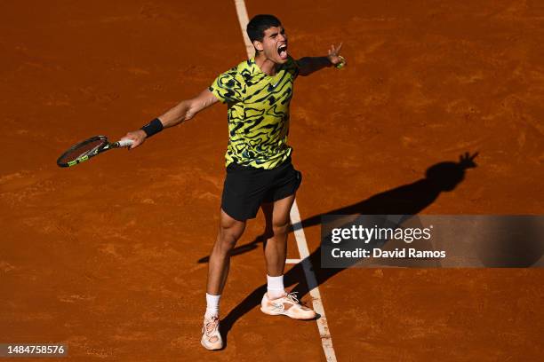 Carlos Alcaraz of Spain celebrates after winning the Men's Singles Final on Day Seven of the Barcelona Open Banc Sabadell 2023 at Real Club De Tenis...