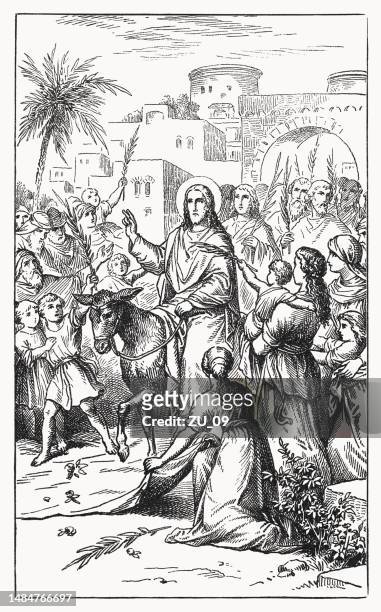 ilustrações, clipart, desenhos animados e ícones de a entrada de jesus em jerusalém (mateus 21, 8-9), xilogravura, publicada em 1898 - semana santa