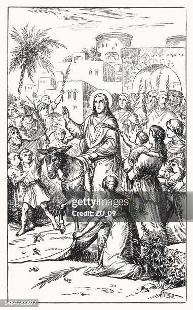 jesus' entry into jerusalem (matthew 21, 8-9), woodcut, published 1898 - palm sunday 幅插畫檔、美工圖案、卡通及圖標