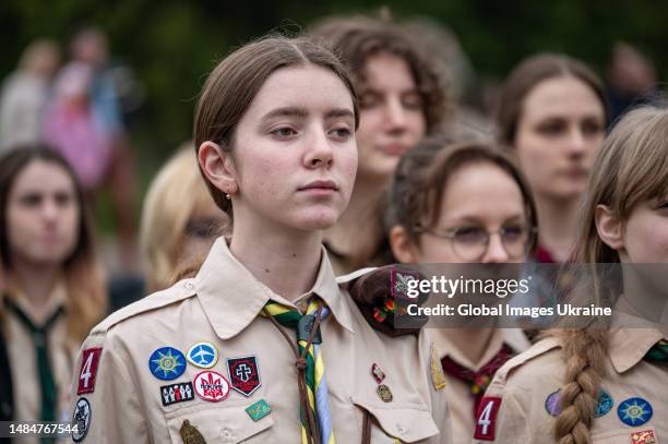 Member of Plast is seen during the ceremony celebrating the 111th anniversary of Plast on April 22, 2023 in Lviv, Ukraine. The Day of the first Plast...