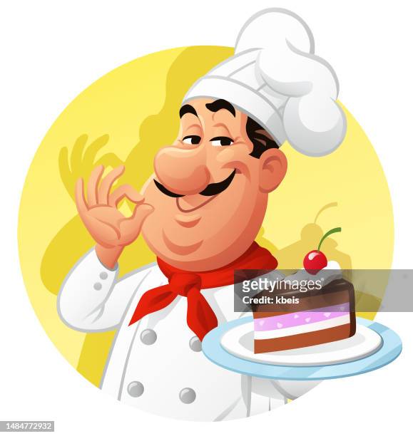 ilustraciones, imágenes clip art, dibujos animados e iconos de stock de chef presentando un pedazo de pastel - cake logo