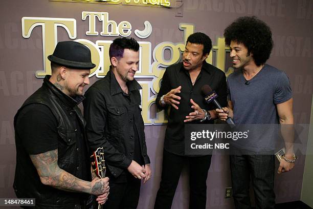 Episode 4288 -- Pictured: Benji Madden, Joel Madden, singer Lionel Richie during an interview with Bryan Branly backstage on July 17, 2012 --