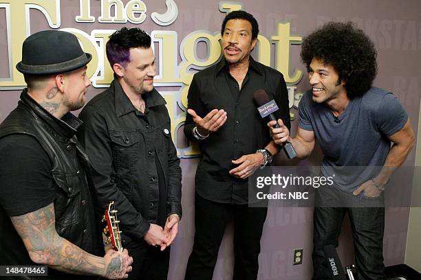 Episode 4288 -- Pictured: Benji Madden, Joel Madden, singer Lionel Richie during an interview with Bryan Branly backstage on July 17, 2012 --