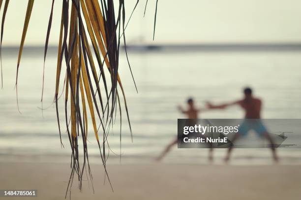 defocussed image of two people practicing martial arts on the beach, jamaica - jamaica beach stock pictures, royalty-free photos & images