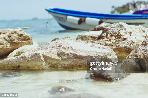 boat anchored on a rocky beach, jamaica - jamaica beach stock pictures, royalty-free photos & images