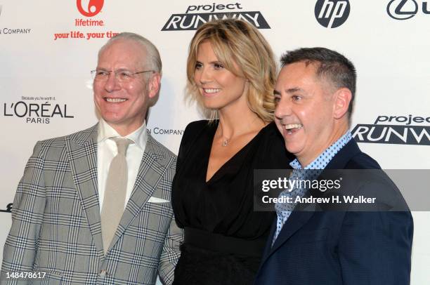 Personality Tim Gunn, model Heidi Klum, and Senior Vice President of Marketing at Lifetime Networks Tim Nolan attend the Project Runway Life-Sized...