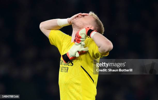 Aaron Ramsdale of Arsenal reacts at the end of the Premier League match between Arsenal FC and Southampton FC at Emirates Stadium on April 21, 2023...