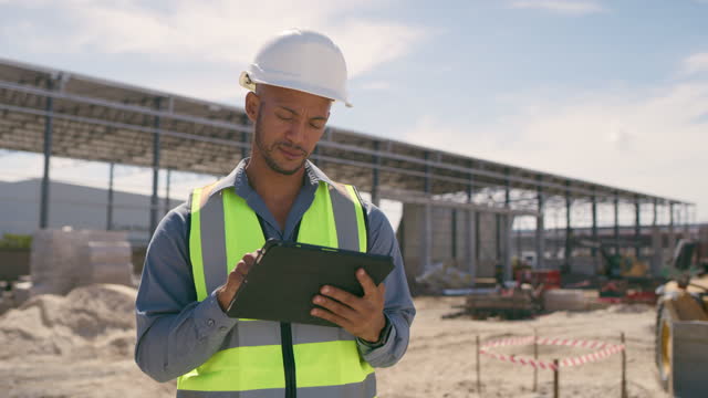 Tablet, construction site and man for inspection of urban building development, project management and progress update. Planning, survey and architecture or engineering person on digital technology