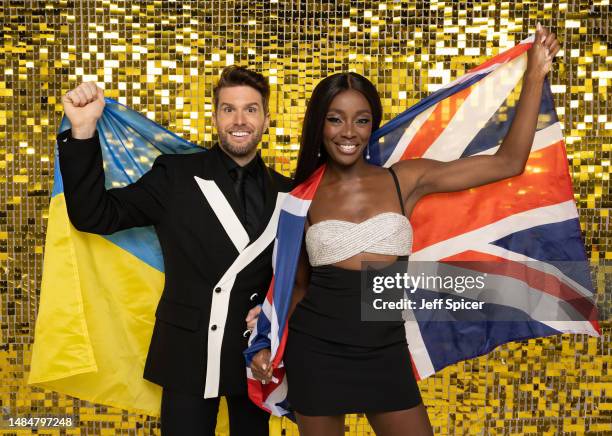 In this image released on April 24th 2023, Joel Dommett and AJ Odudu, hosts of The National Lottery's Big Eurovision welcome event, pose for the...