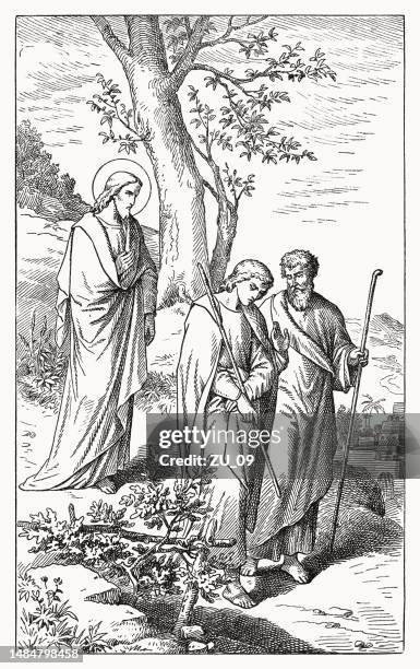 the risen jesus in emmaus (luke 24), woodcut, published 1898 - three men walking stock illustrations