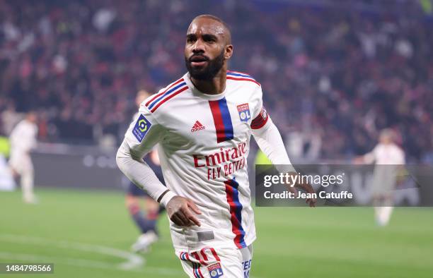 Alexandre Lacazette of Lyon celebrates his goal during the Ligue 1 Uber Eats match between Olympique Lyonnais and Olympique de Marseille at Groupama...