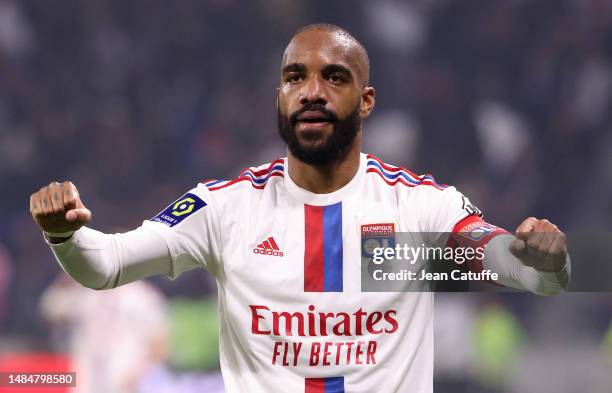 Alexandre Lacazette of Lyon celebrates his goal during the Ligue 1 Uber Eats match between Olympique Lyonnais and Olympique de Marseille at Groupama...