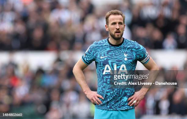 Harry Kane of Tottenham Hotspur looks on during the Premier League match between Newcastle United and Tottenham Hotspur at St. James Park on April...