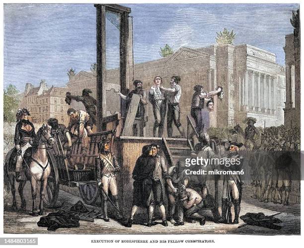 old engraved illustration of execution of maximilien de robespierre and his fellow conspirators - rivoluzione francese foto e immagini stock