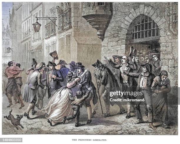 engraving illustration of a the prisoners liberated from the bastille during the french revolution - paris france stock pictures, royalty-free photos & images