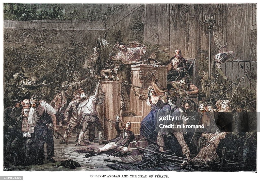 Old engraving illustration of Boissy d'Anglas salutes the head of the deputy Feraud presented to him on a pike, May 20, 1795. French Revolution