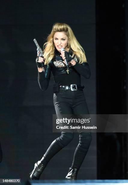 Madonna performs during the opening night of the UK leg of her MDNA Tour in Hyde Park on July 17, 2012 in London, England.