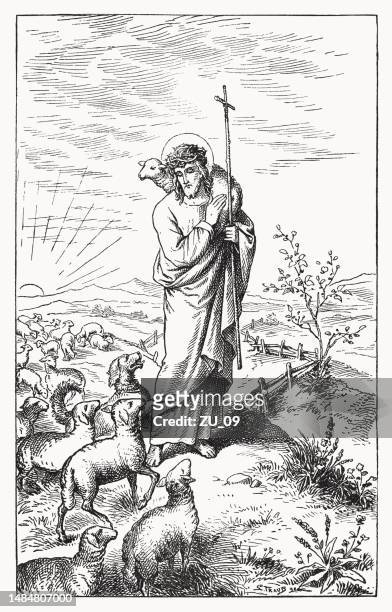 bildbanksillustrationer, clip art samt tecknat material och ikoner med jesus as the good shepherd (john 10), woodcut, published 1898 - jesus the good shepherd