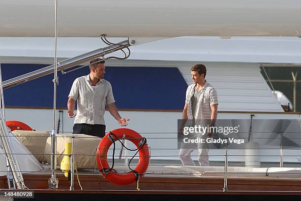 Ben Affleck and Justin Timberlake on location filming "Runner, Runner" at San Juan Bay Marine on July 17, 2012 in San Juan, Puerto Rico.