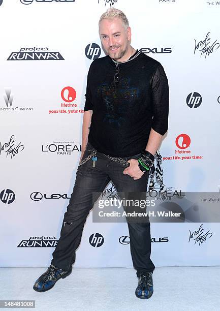 Designer Stephan "Suede" Baum attends the Project Runway Life-Sized Interactive Runway installation on The High Line In New York at The High Line on...