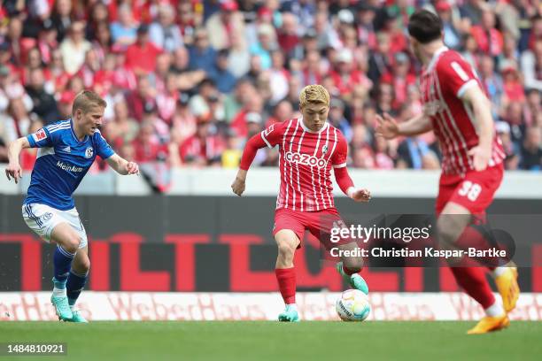 Ritsu Doan of SC Freiburg in action during the Bundesliga match between Sport-Club Freiburg and FC Schalke 04 at Europa-Park Stadion on April 23,...