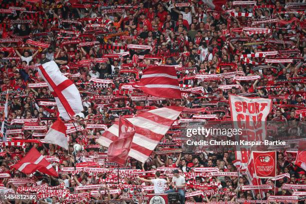 Fans of SC Freiburg show their support during the Bundesliga match between Sport-Club Freiburg and FC Schalke 04 at Europa-Park Stadion on April 23,...