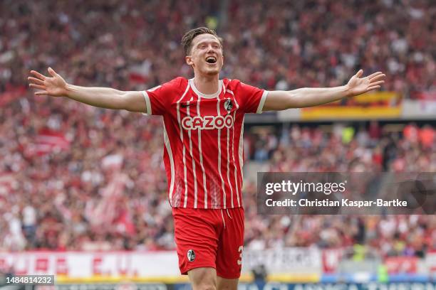 Michael Gregoritsch of SC Freiburg celebrates after scoring his team’s second goal during the Bundesliga match between Sport-Club Freiburg and FC...