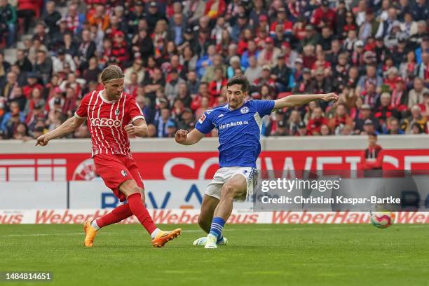 Lucas Hoeler of SC Freiburg scores his team’s third goal during the Bundesliga match between Sport-Club Freiburg and FC Schalke 04 at Europa-Park...