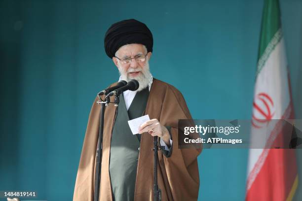 Ali Khamenei Iran supreme leader speaking and praying for Eid Al-Fitr at Mosalla mosque on April 22, 2023 in Tehran, Iran.
