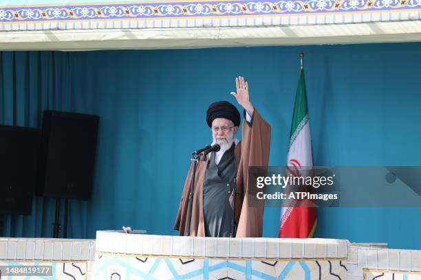 Ali Khamenei Iran supreme leader speaking and praying for Eid Al-Fitr at Mosalla mosque on April 22, 2023 in Tehran, Iran.