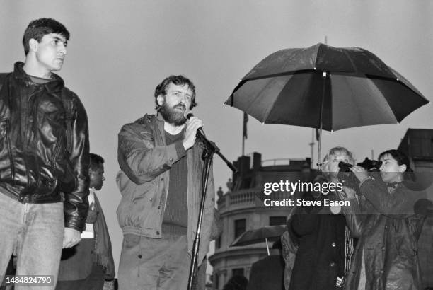 British politician, Jeremy Corbyn speaking during a demonstration organised by RAHCAR against the government's Asylum Bill, London, 21st November...