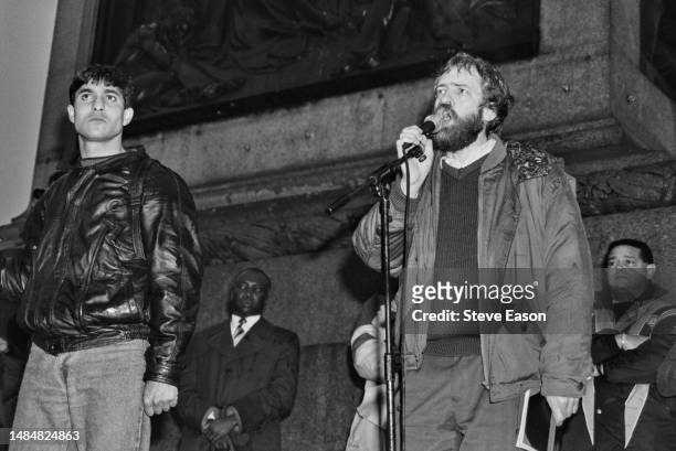 British politician, Jeremy Corbyn speaking during a demonstration organised by RAHCAR against the government's Asylum Bill, London, 21st November...