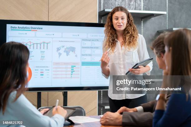 teamwork improves the business to achieve the goals effectively. group of business management team brainstorming and share idea on the new project. businesswoman manager present the market trend and analyze data for improvement product - business model stock pictures, royalty-free photos & images