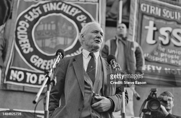 British Labour Party politician Tony Benn during a speech at a protest held by the Transport Salaried Staffs' Association, London, 16th October 1999.