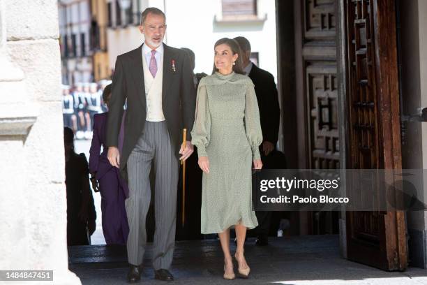 King Felipe VI of Spain and Queen Letizia of Spain attend the "Miguel De Cervantes" Literature award 2022 ceremony at the Alcala de Henares...