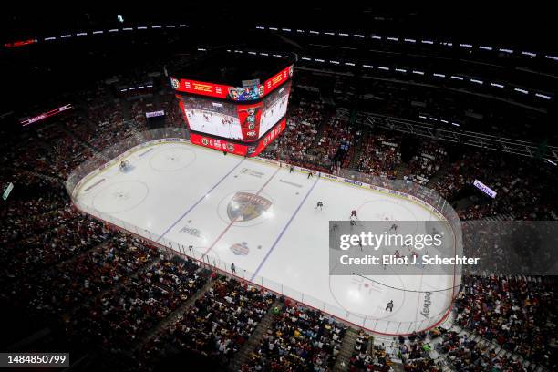 The Florida Panthers host the Boston Bruins in Game Four of the First Round of the 2023 Stanley Cup Playoffs at the FLA Live Arena on April 23, 2023...