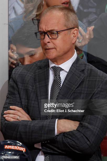 Florida Panthers Head Coach Paul Maurice monitors game progress from the bench against the Boston Bruins in Game Four of the First Round of the 2023...