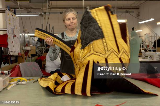 Ceremonial dress is prepared ahead of the Kings coronation, at Kashket & Partners on April 19, 2023 in London, England. Kashket & Partners are a...