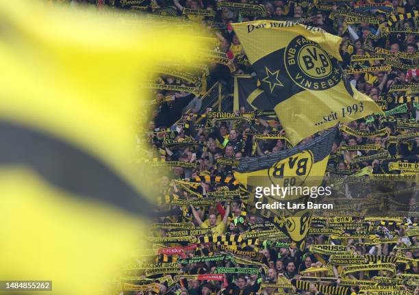 Fans of Dortmund are seen during the Bundesliga match between Borussia Dortmund and Eintracht Frankfurt at Signal Iduna Park on April 22, 2023 in...