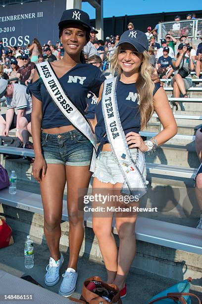 Miss Universe 2011 Leila Lopes and Miss Teen USA 2011 Danielle Doty attend the Toronto Blue Jays vs New York Yankees game at Yankee Stadium on July...