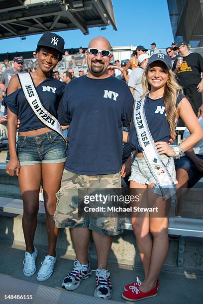 Miss Universe 2011 Leila Lopes, 'Bald' Vinny Milano and Miss Teen USA 2011 Danielle Doty attend the Toronto Blue Jays vs New York Yankees game at...