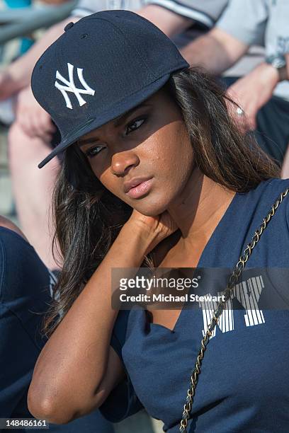 Miss Universe 2011 Leila Lopes attends the Toronto Blue Jays vs New York Yankees game at Yankee Stadium on July 17, 2012 in New York City.