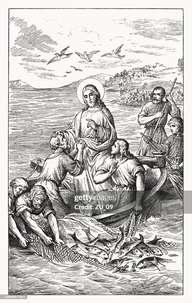 Peter and the Miraculous catch of Fish, woodcut, published 1898