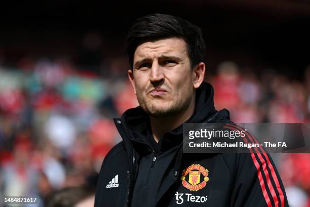 Harry Maguire of Manchester United looks on prior to the Emirates FA Cup Semi Final match between Brighton & Hove Albion and Manchester United at...