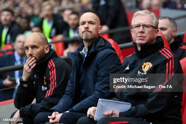 Erik ten Hag, Manager of Manchester United, and Steve McClaren, Assistant Coach of Manchester United look on during the Emirates FA Cup Semi Final...