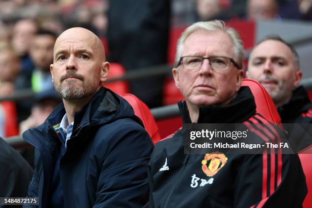 Erik ten Hag, Manager of Manchester United, and Steve McClaren, Assistant Coach of Manchester United look on during the Emirates FA Cup Semi Final...