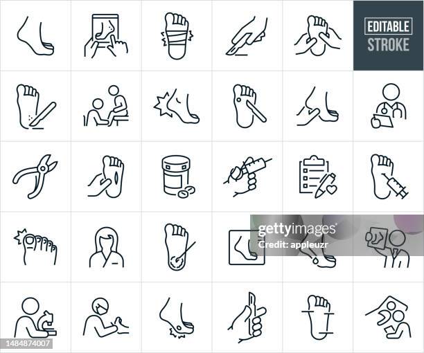 podiatry and podiatrist thin line icons - editable stroke - injury icon stock illustrations