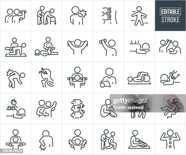 illustrazioni stock, clip art, cartoni animati e icone di tendenza di icone della linea sottile di terapia fisica e fisioterapia - tratto modificabile - healthy lifestyle